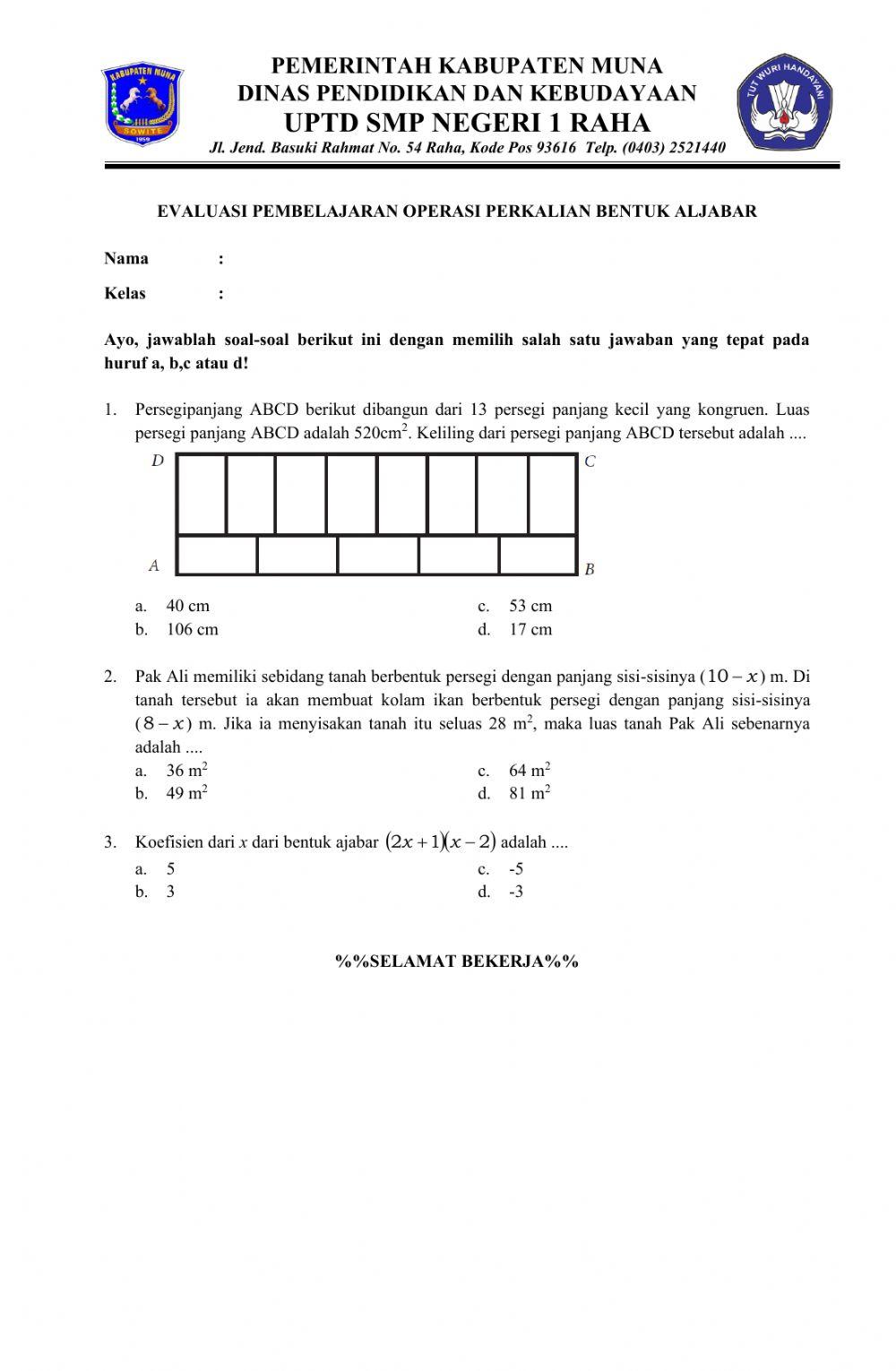 Evaluasi Pembelajaran Operasi Penjumlahan Bentuk Aljabar