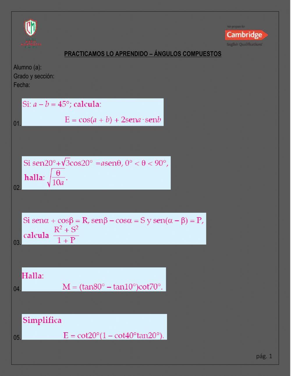 Ángulos compuestos de suma y diferencia