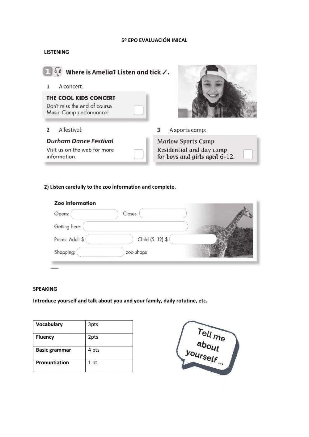 Listening and speaking 5º evaluación inicial