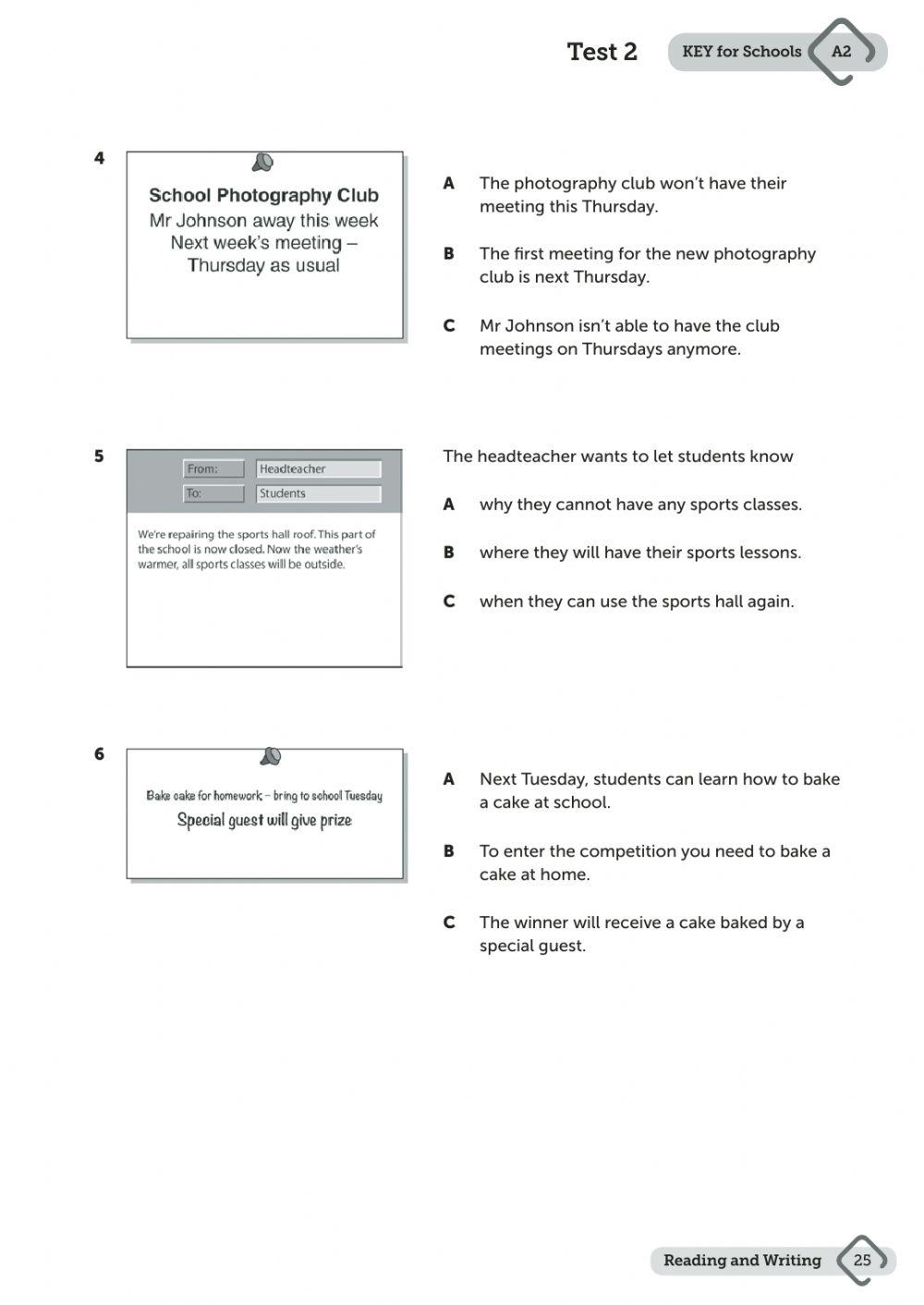 PRACTICE KEY READING TEST 6th
