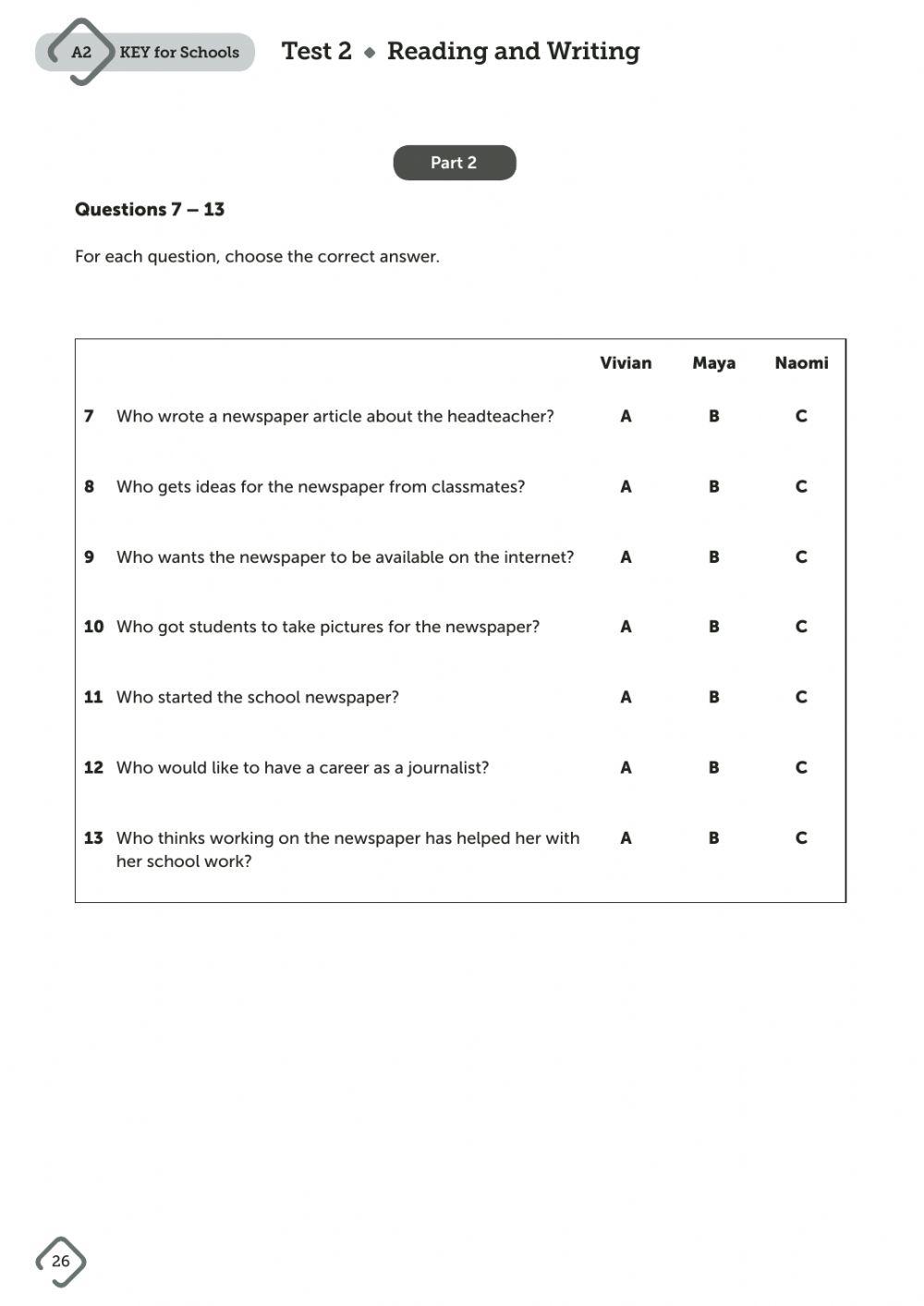 PRACTICE KEY READING TEST 6th