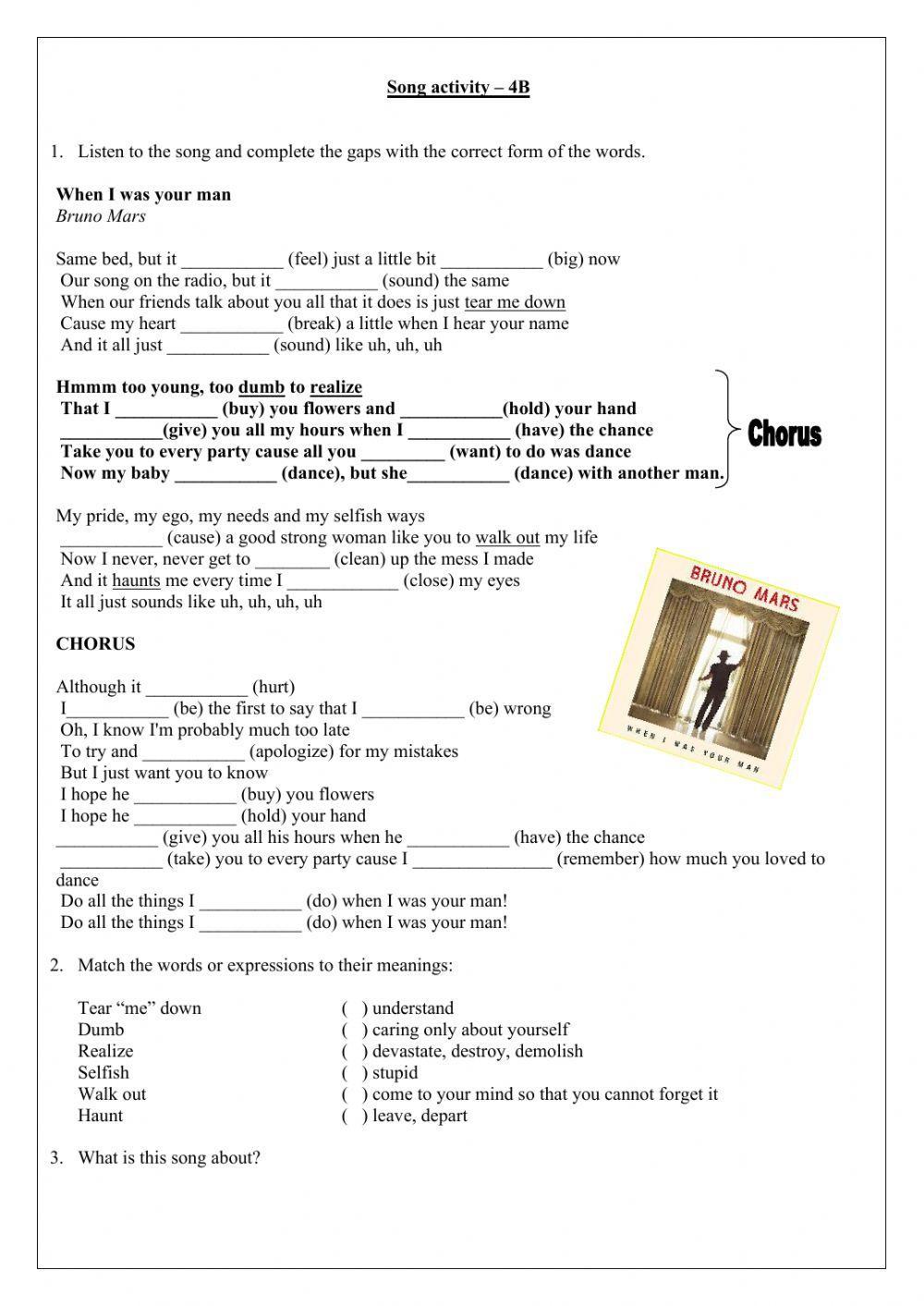 Song activity - When I was your man (Bruno Mars)