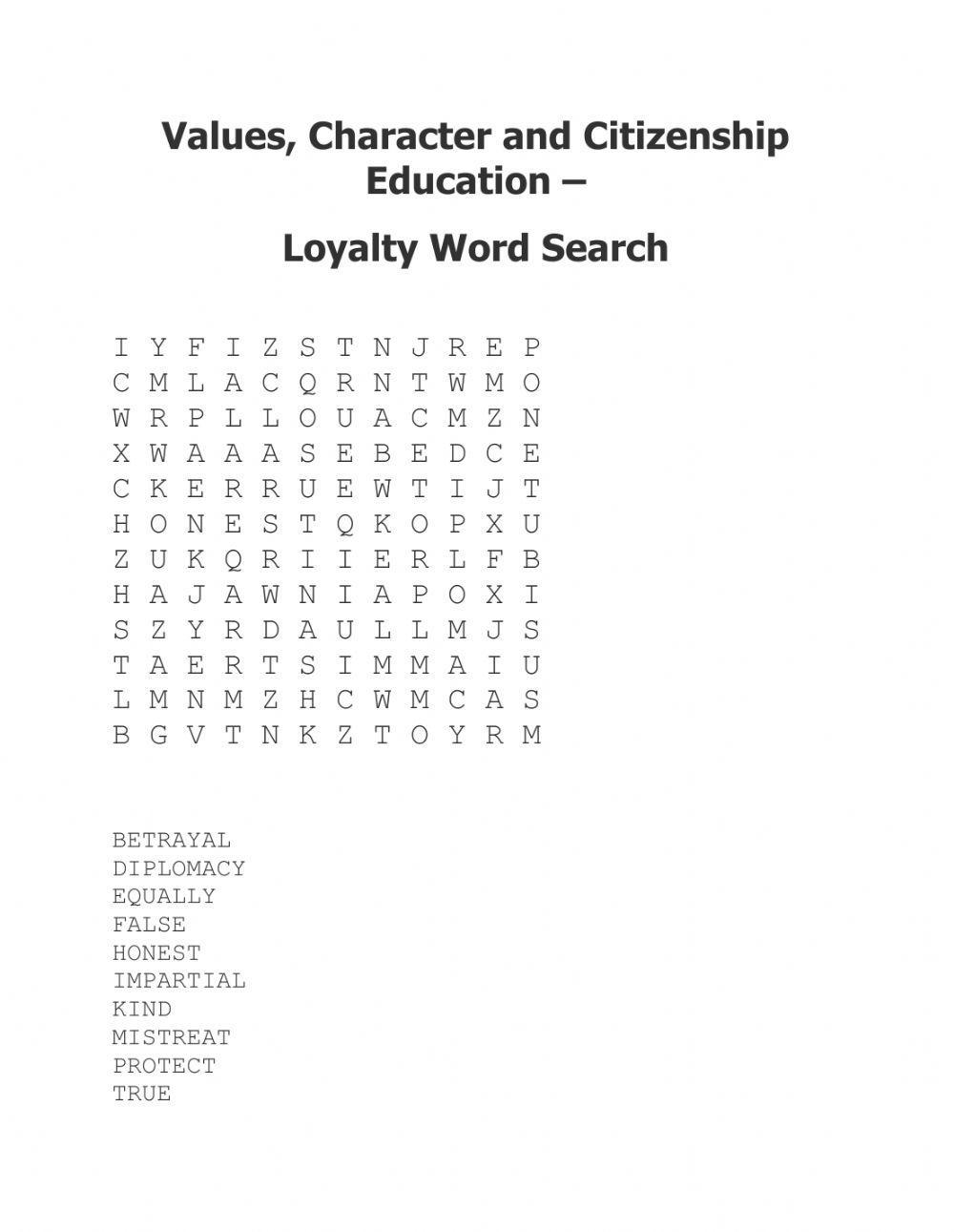 Loyalty Word Search