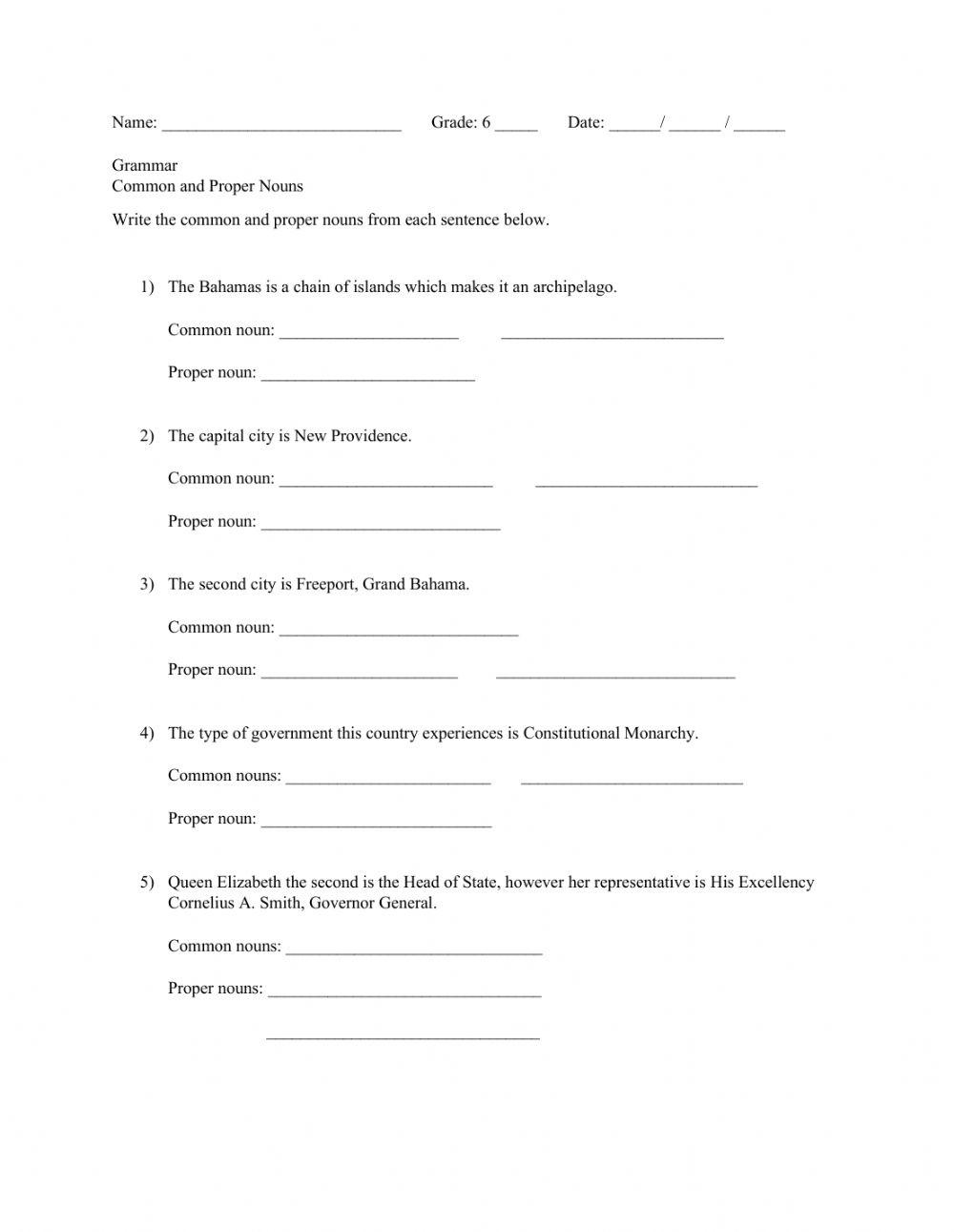 Common - Proper Nouns (Moderate) grade six (6)