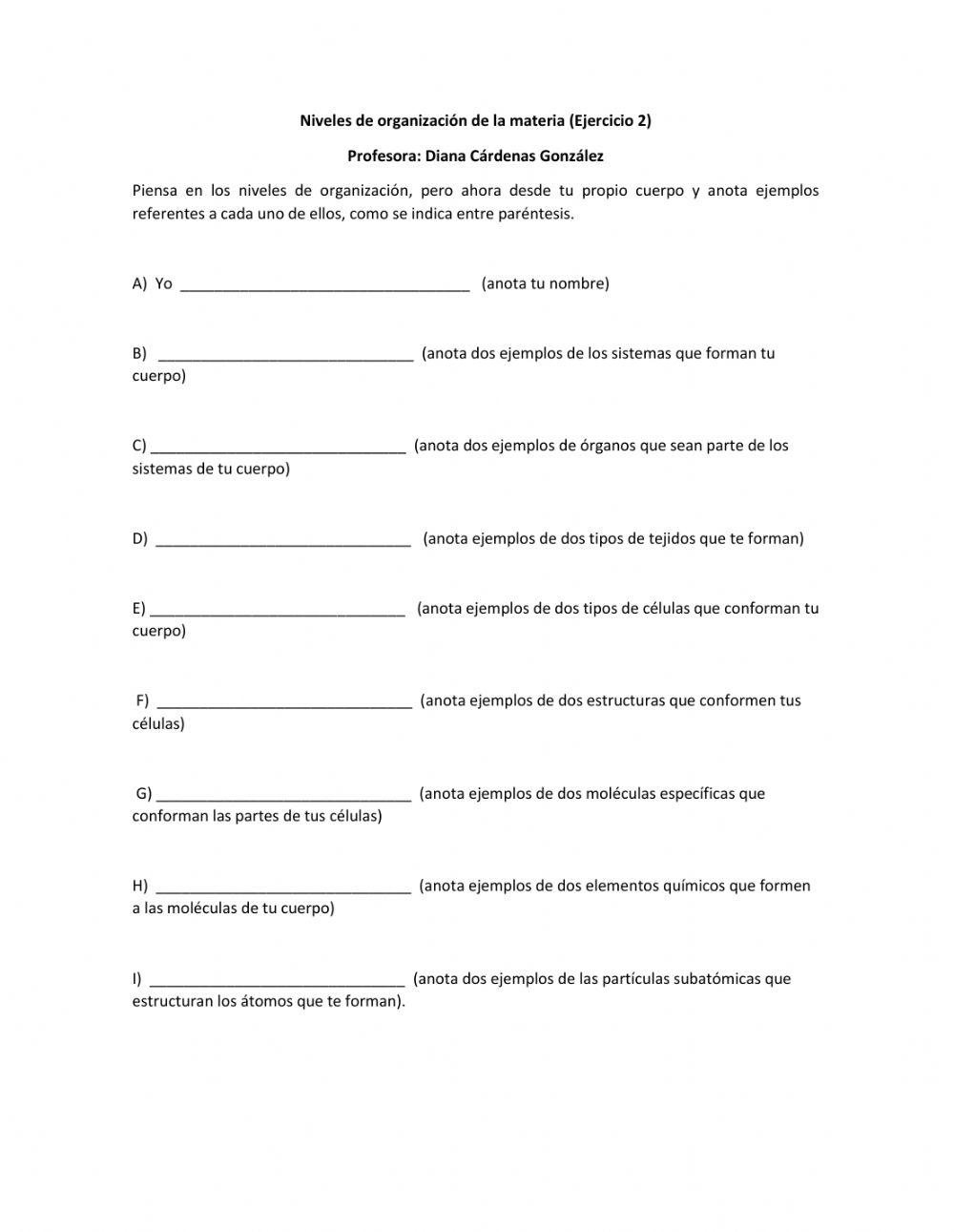 Niveles de Organización de la Materia ejercicio 2