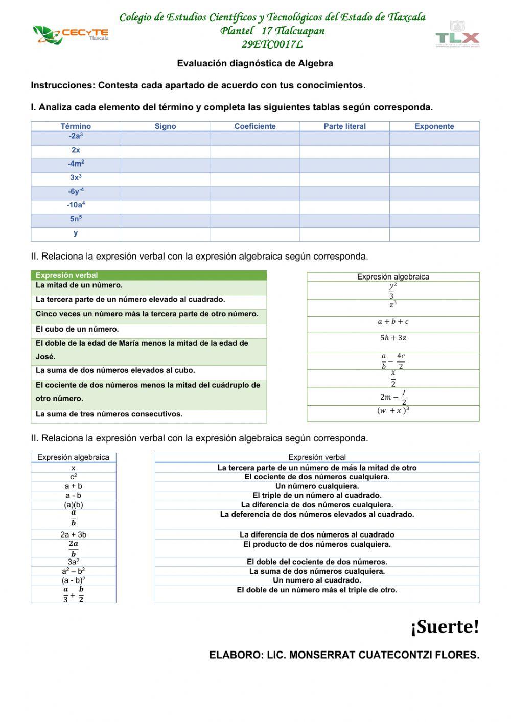 Evaluación diagnostica de álgebra