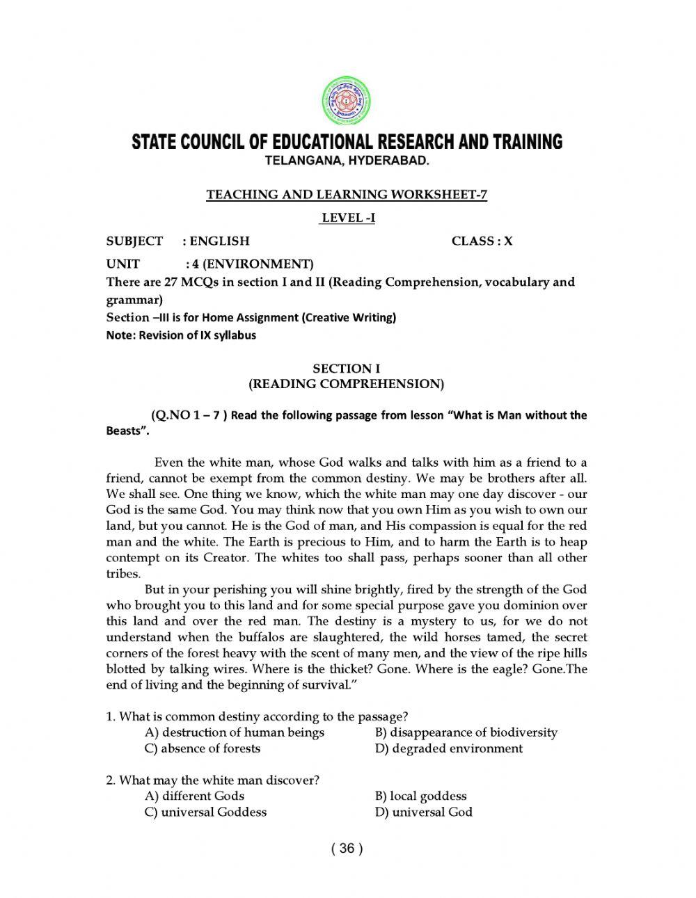 10 Class Level 1 Work Sheet 7