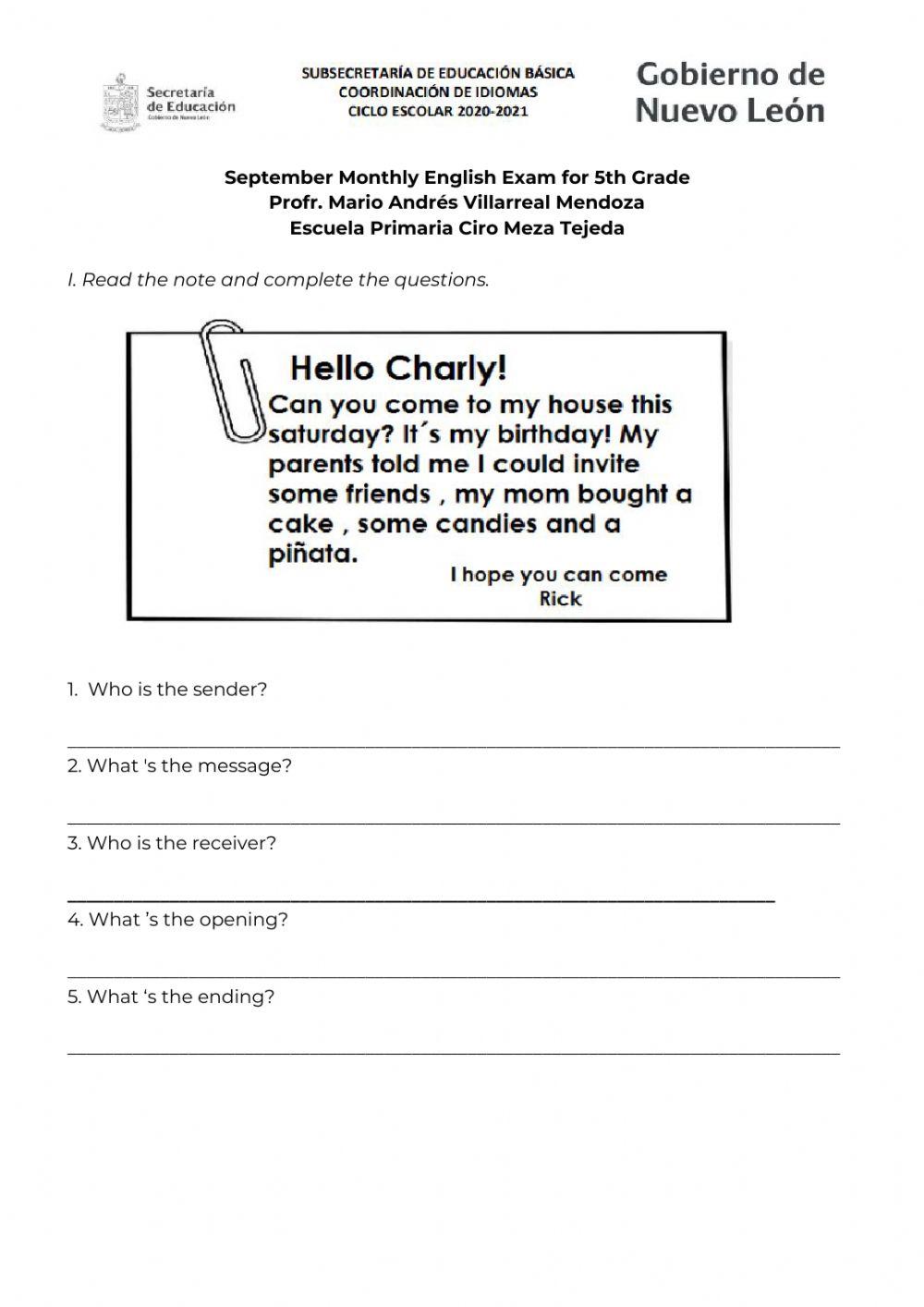 Examen Mensual de Inglés Septiembre 5to. Grado