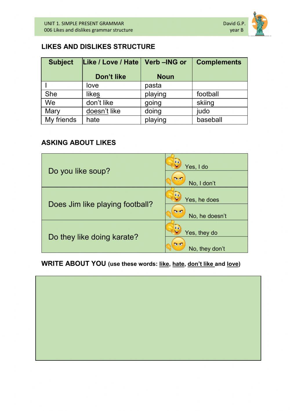 Unit 1 006 likes and dislikes grammar structure
