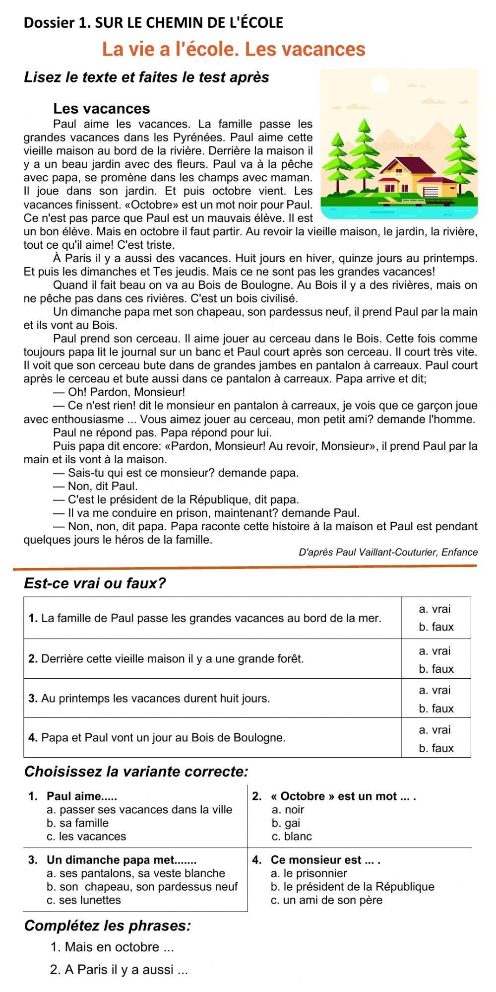 La vie а l’école. Les vacances