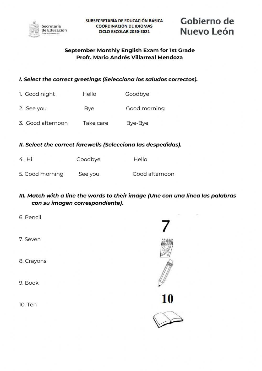 Examen Mensual de Inglés Septiembre 1er. grado