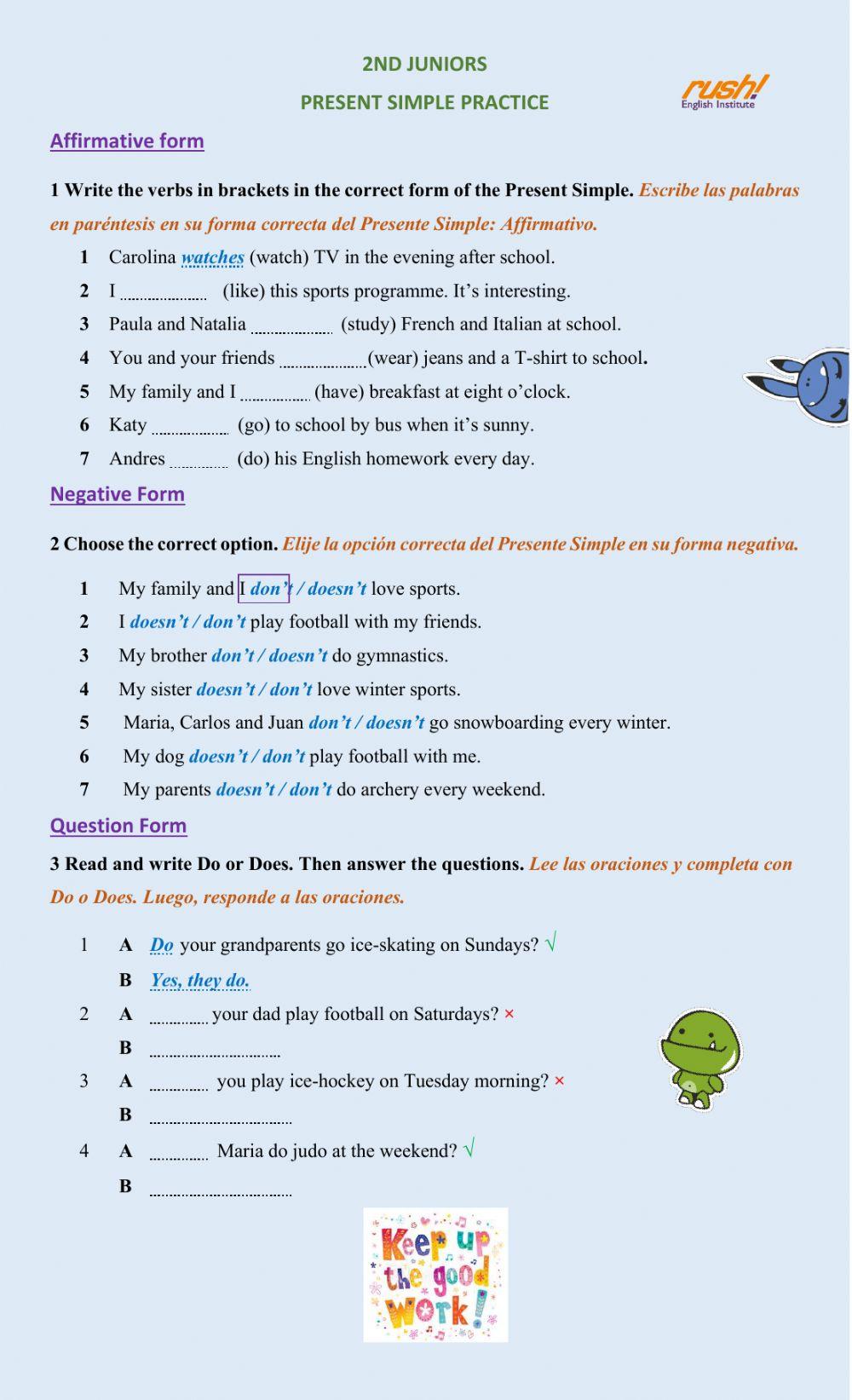 2nd Juniors Present Simple Practice worksheet Live Worksheets