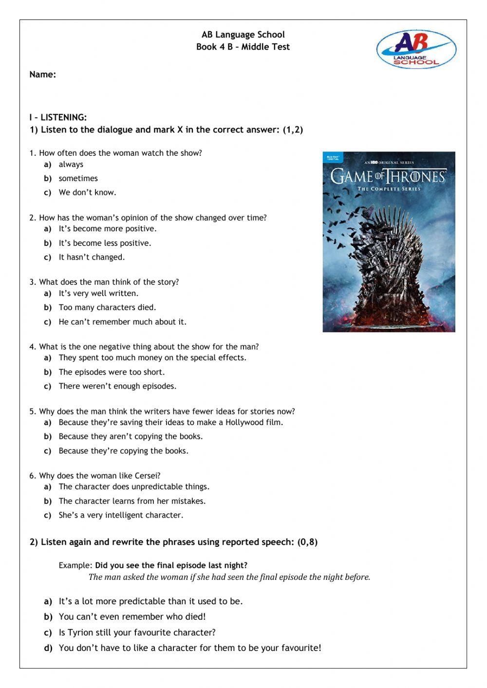 Middle test Book 4 B