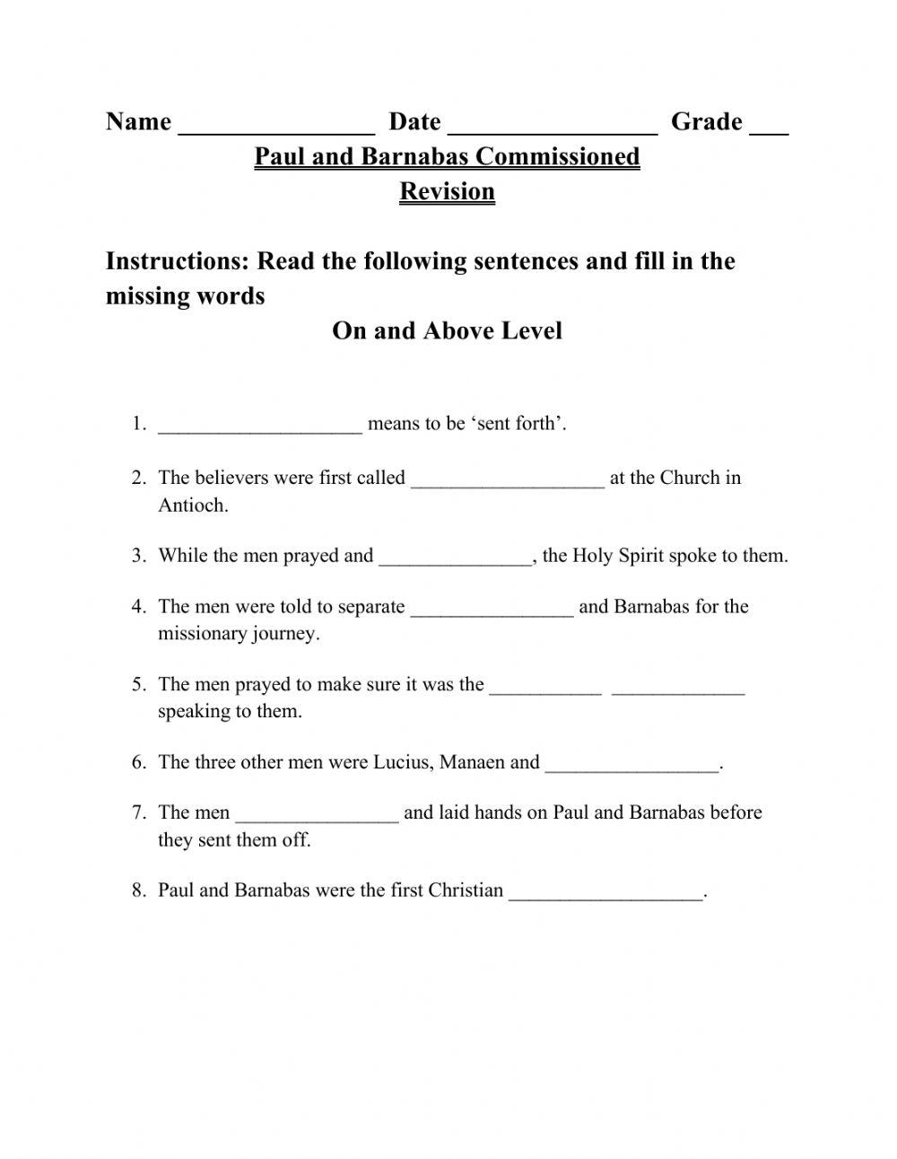 Paul and Barnabas Commissioned Upper Fill-in-the-blanks