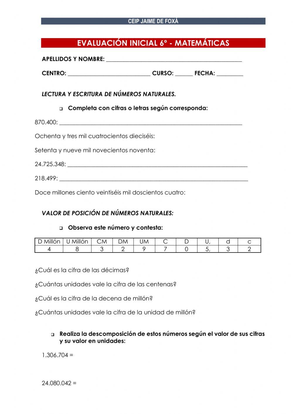 EVALUACIÓN INICIAL DE MATEMÁTICAS 6º DE ED. PRIMARIA 