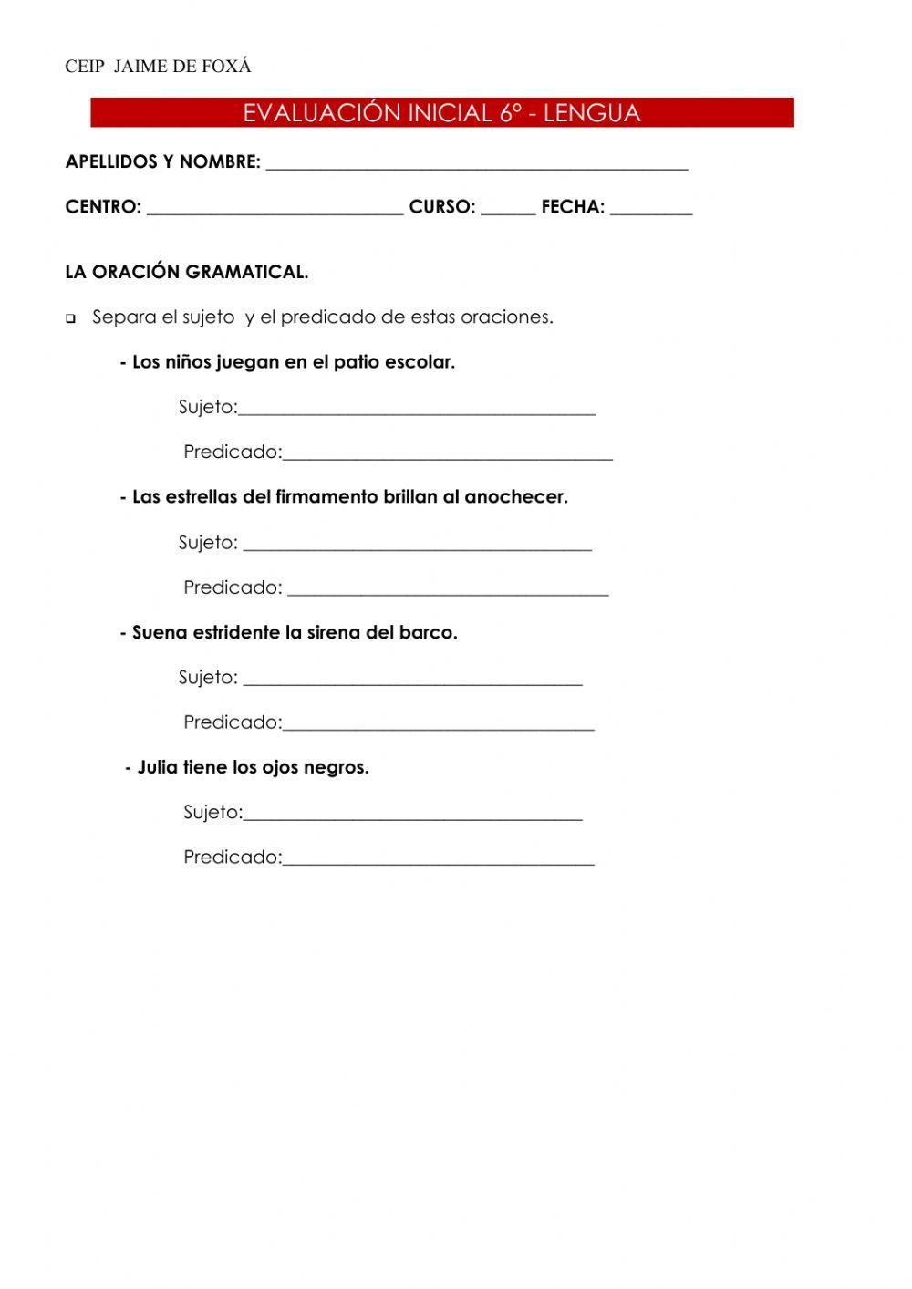 Evaluación inicial lenguaje 6º curso 2020-2021