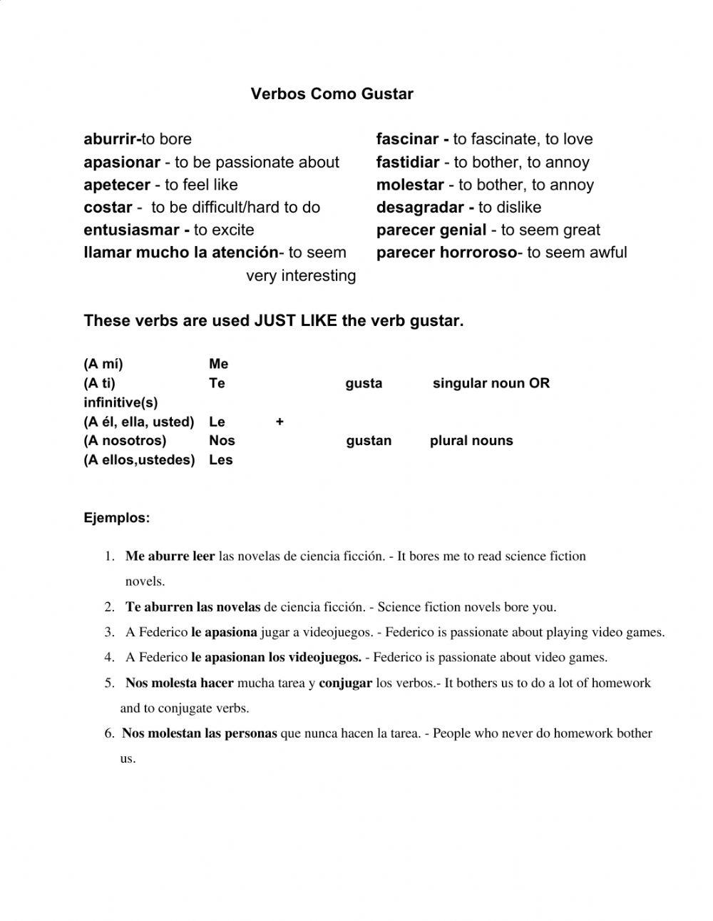 Verbos como gustar