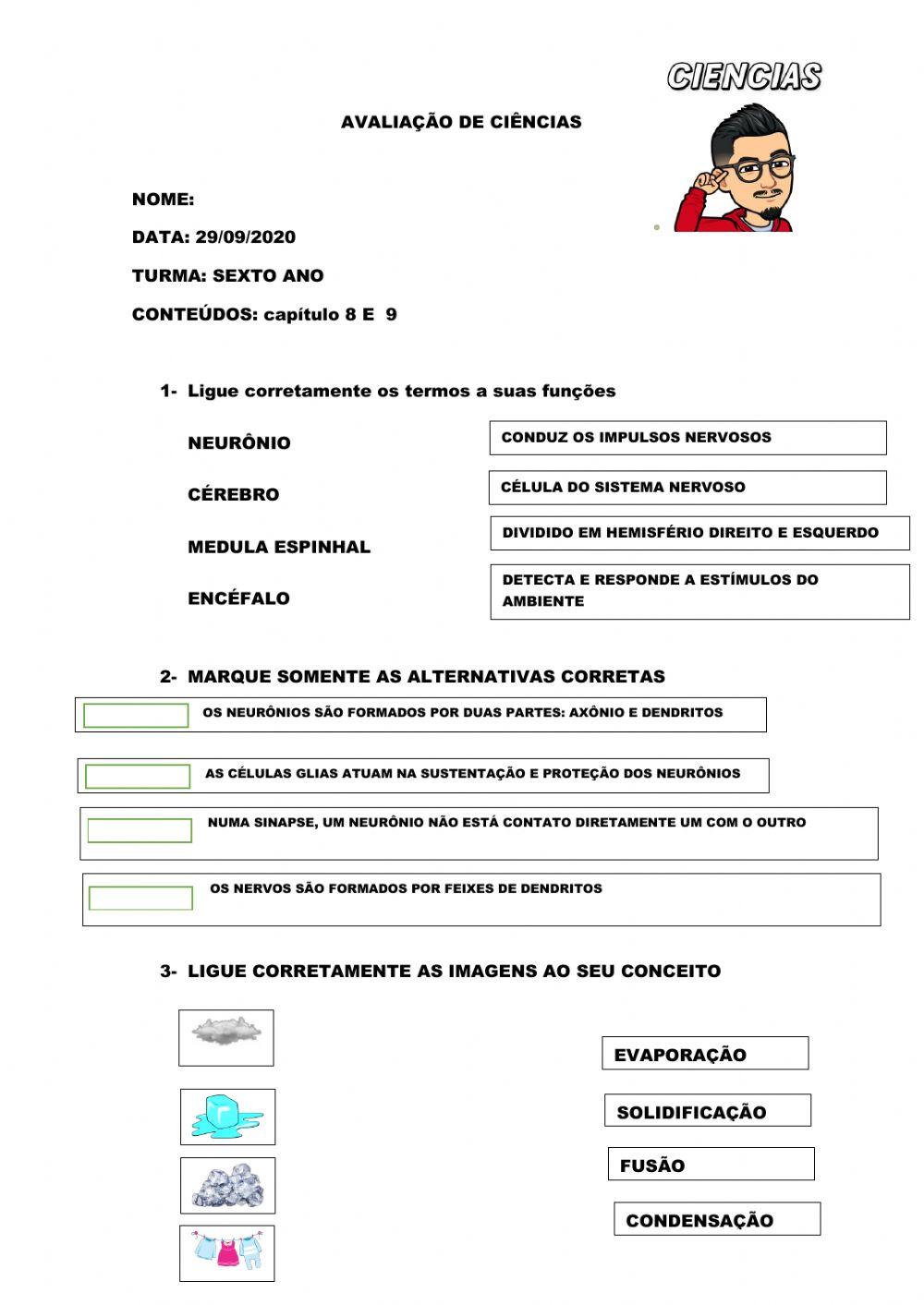Avaliação de ciências 3º bimestre