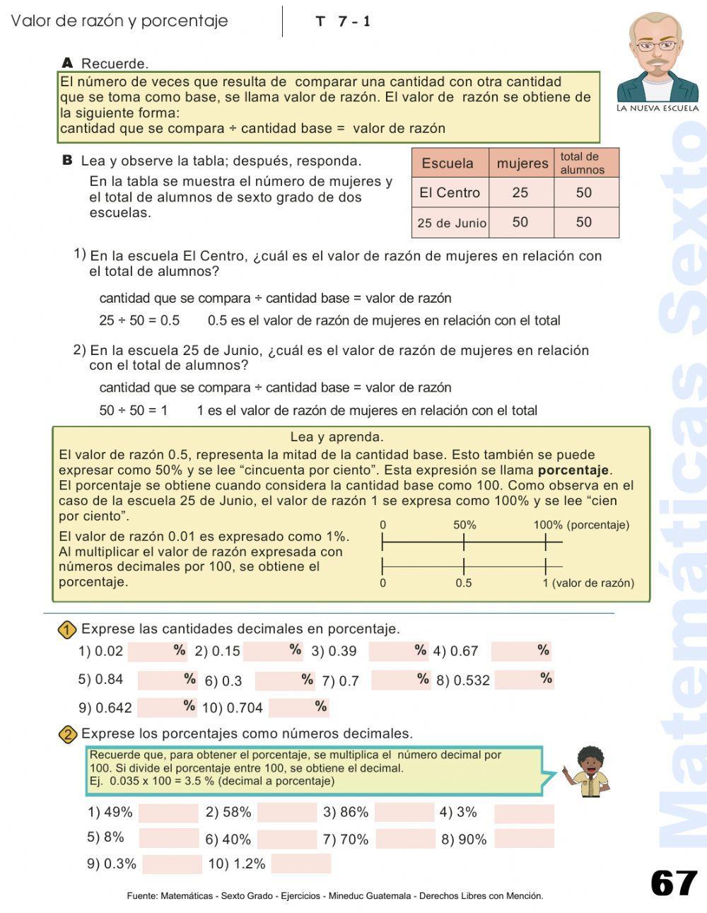 Matemáticas Sexto Primaria Ejercicios P. 67 - Valor de razón y porcentaje