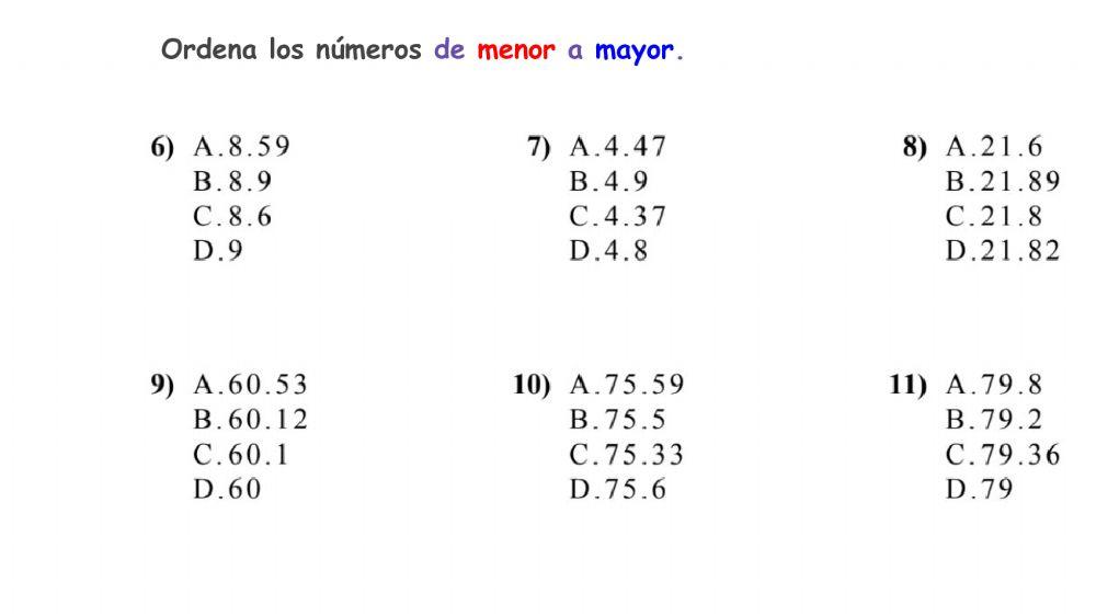 Ordenar los números de menor a mayor