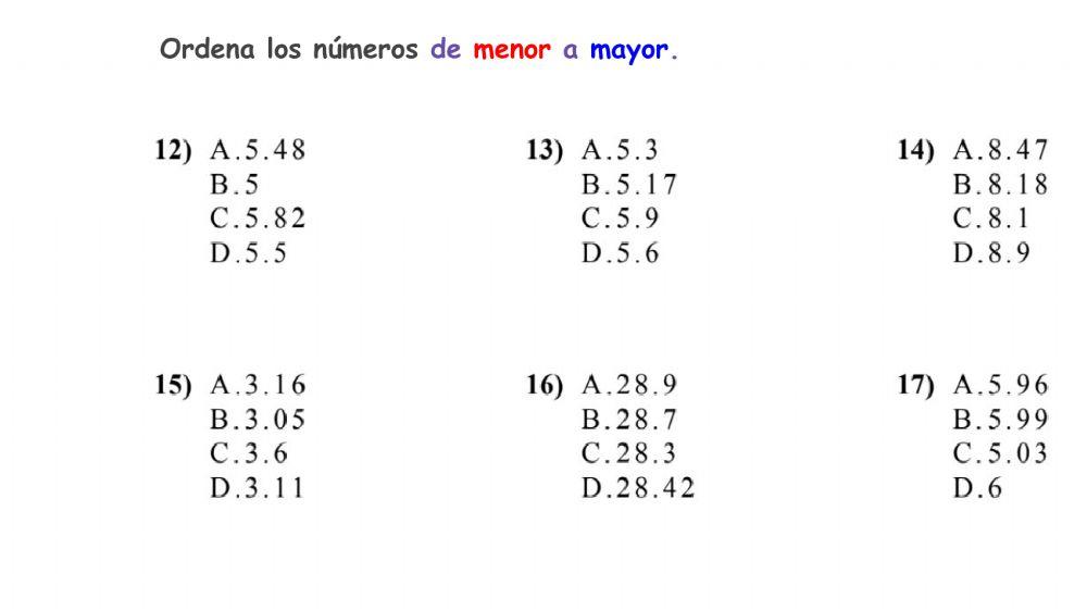 Ordenar los números de menor a mayor