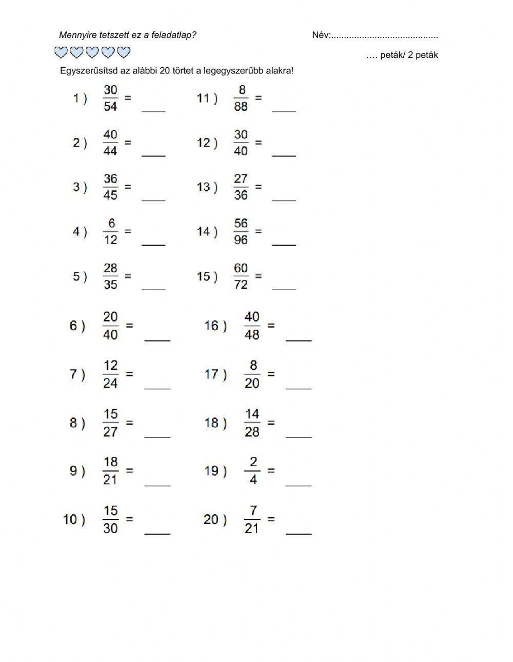 Törtek egyszerűsítése