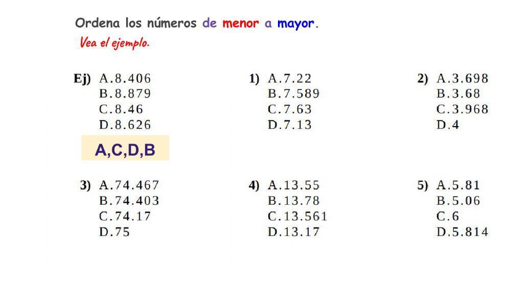 Ordenar números decimales de menor a mayor
