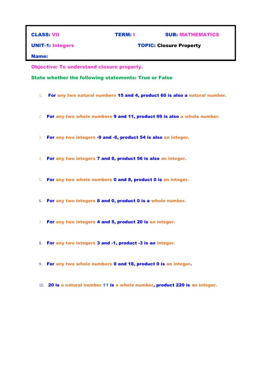 Integers Online Exercise For 7 Live Worksheets integers-online-exercise-for-7-live-worksheets