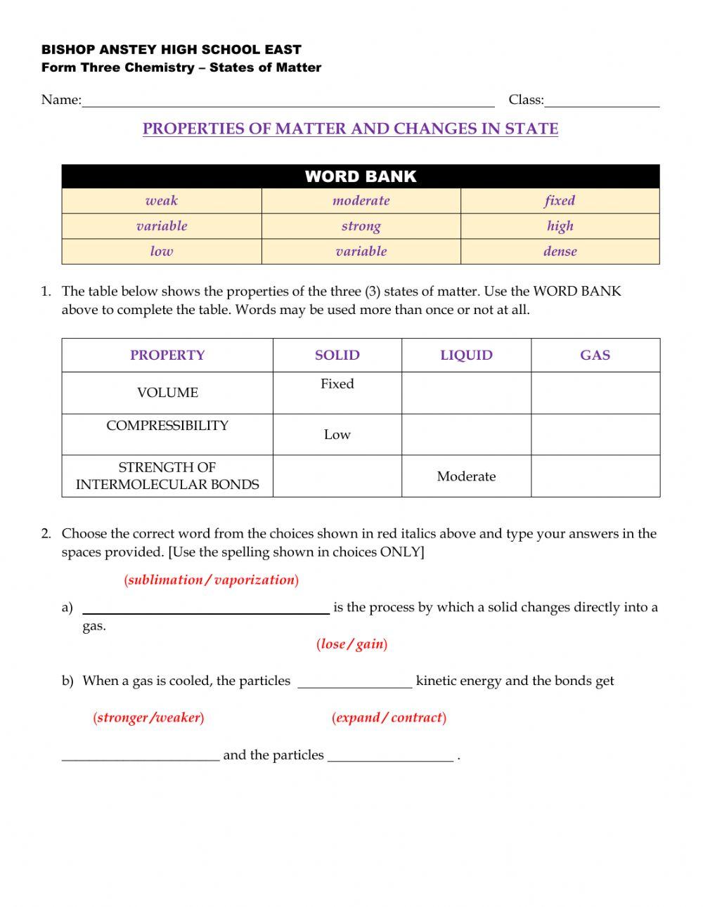 Properties and Changes in States of Matter
