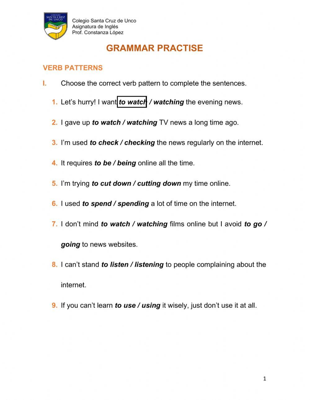 Grammar practise - verb patterns