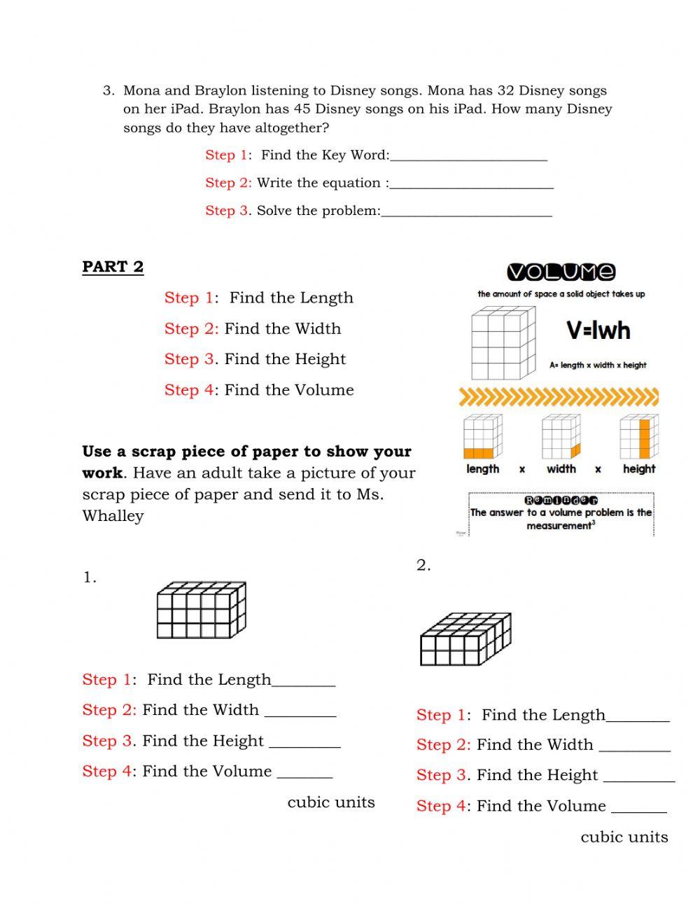 One step word problems and Volume