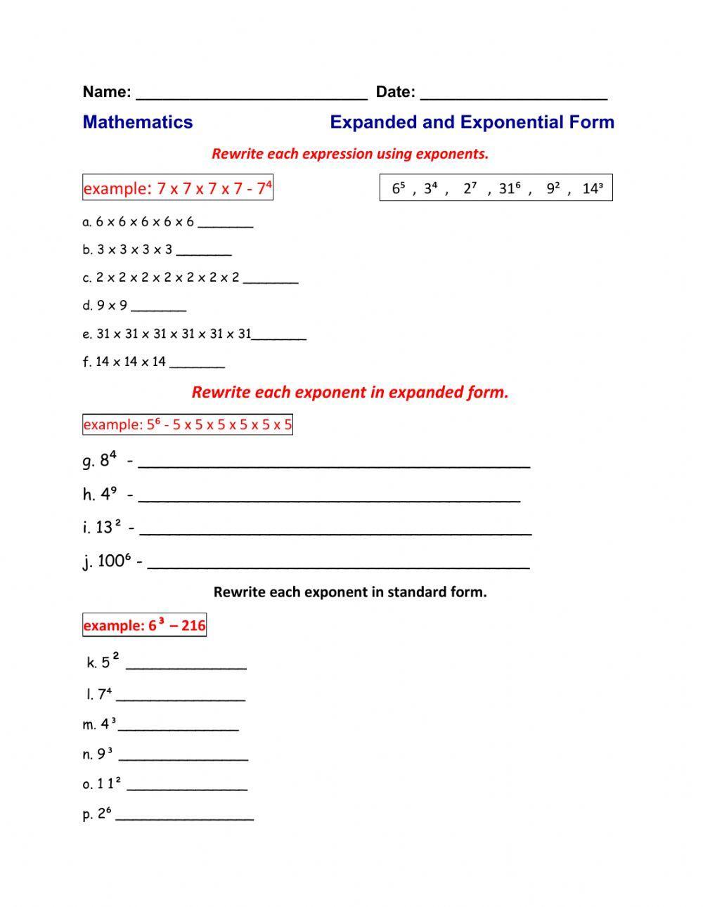 Exponential, Expanded forms and Zero