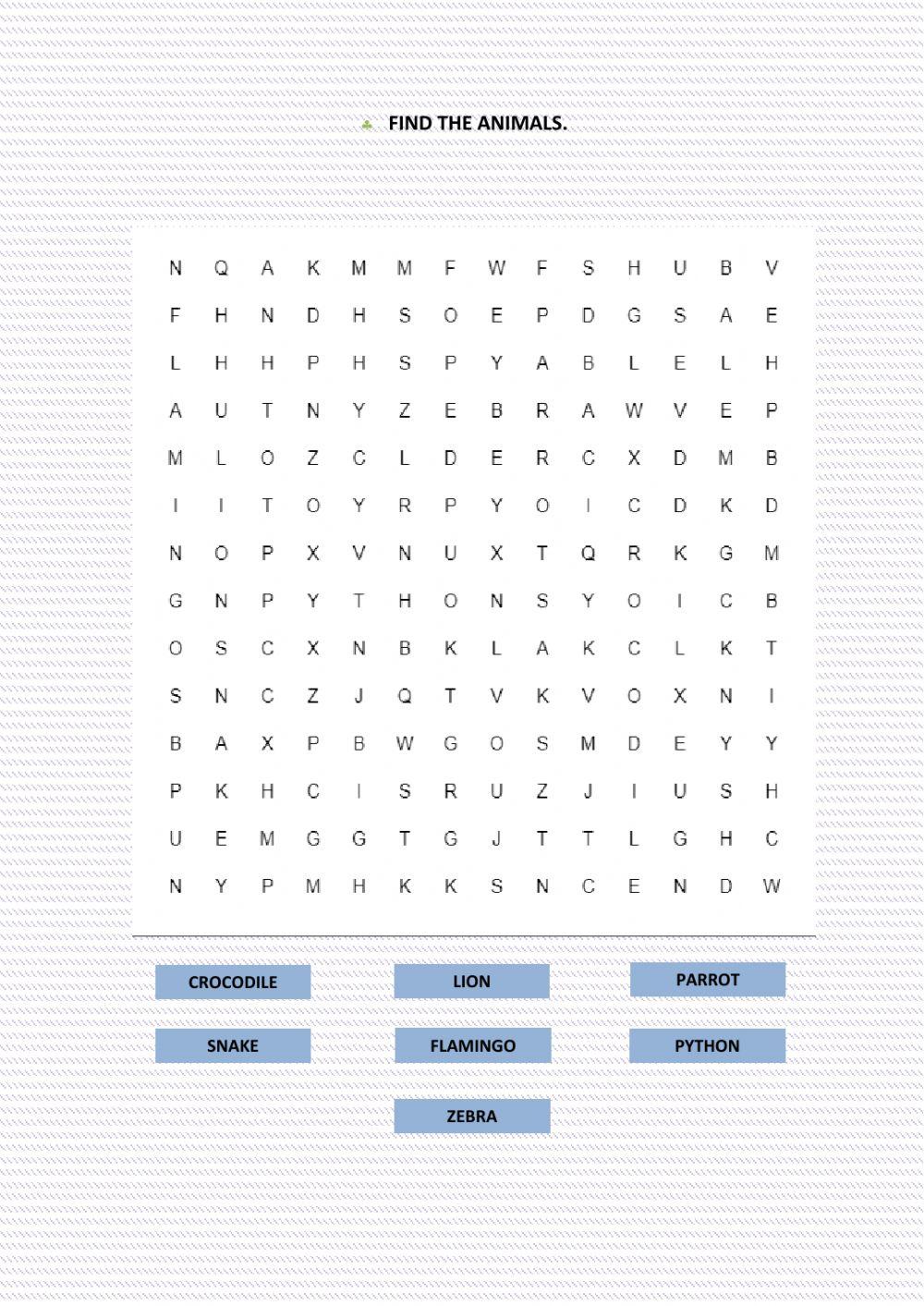 Wild animals wordsearch.