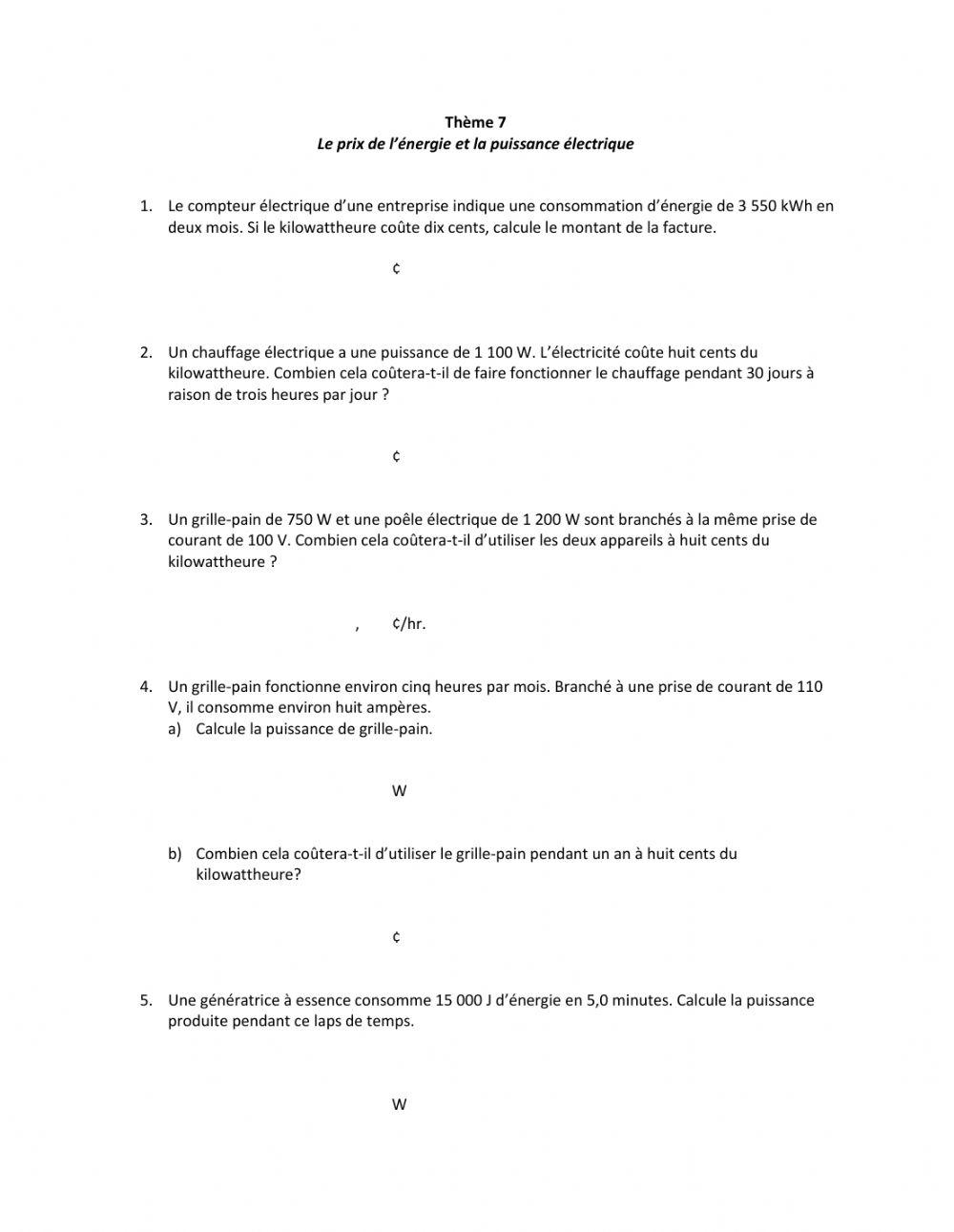 Thème 7: Les calculs du prix de l'énergie et de la puissance électrique