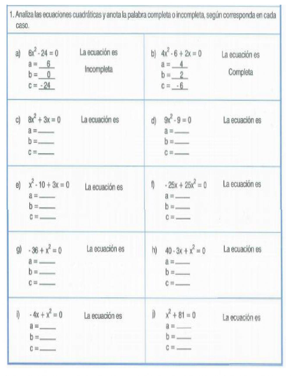 Ecuaciones cuadraticas completa e incompletas