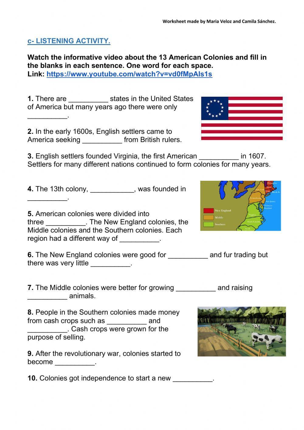 13 colonies (reading and listening comprehension)