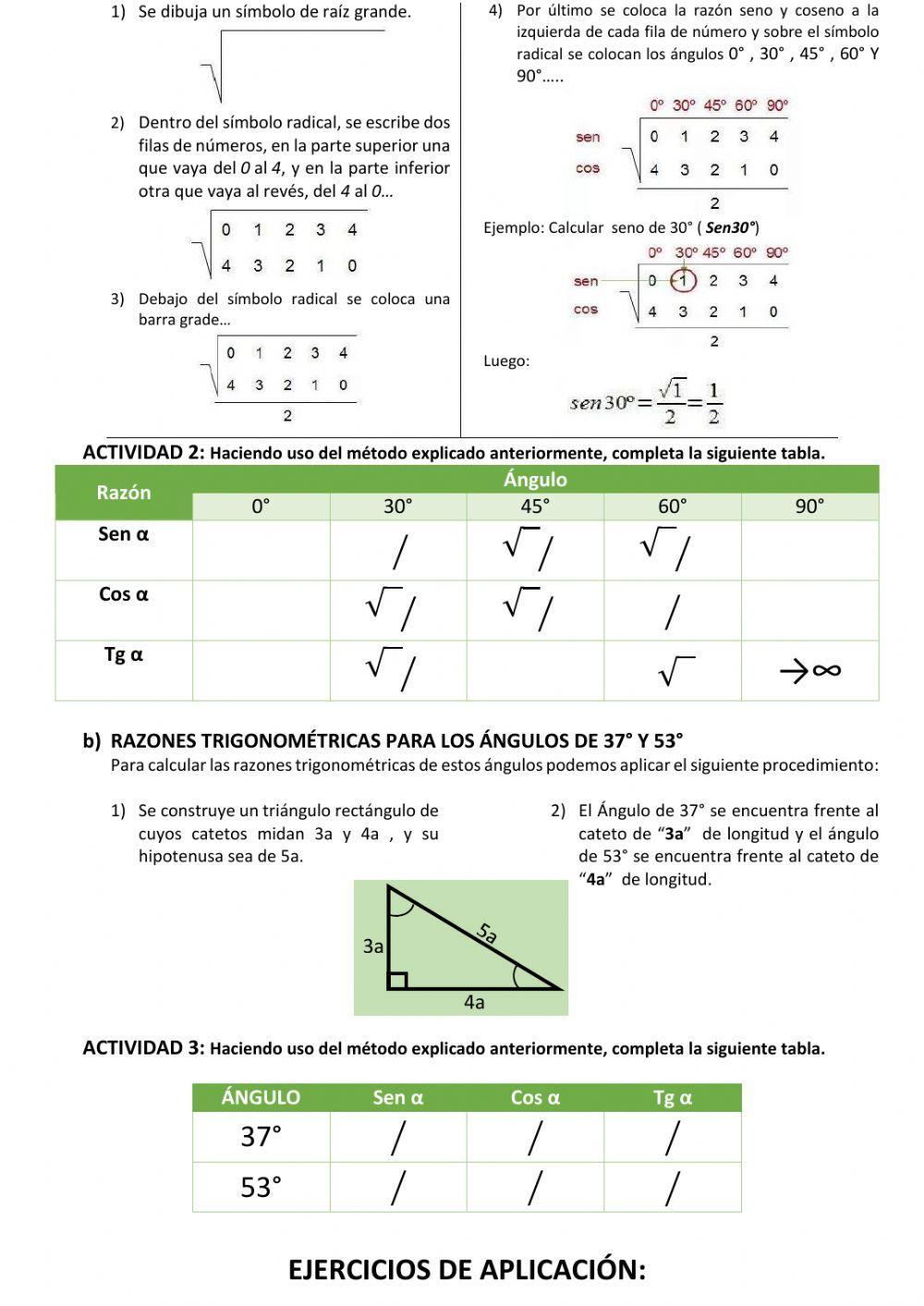 RAZONES TRIGONOMÉTRICAS DE ÁNGULOS NOTABLES