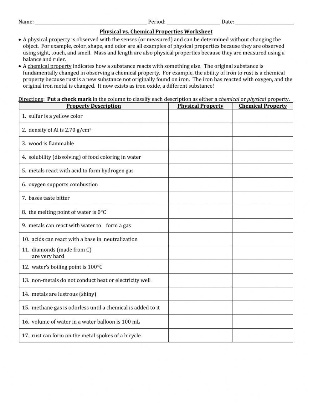 Physical vs Chemical Properties worksheet | Live Worksheets Physical vs Chemical Properties worksheet | Live Worksheets