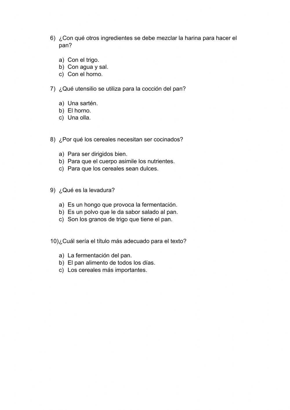 Ficha de comprensión: el pan