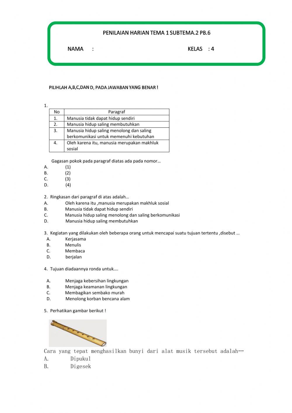 Penilaian Harian Tema 1 Subtema 2 PB.6