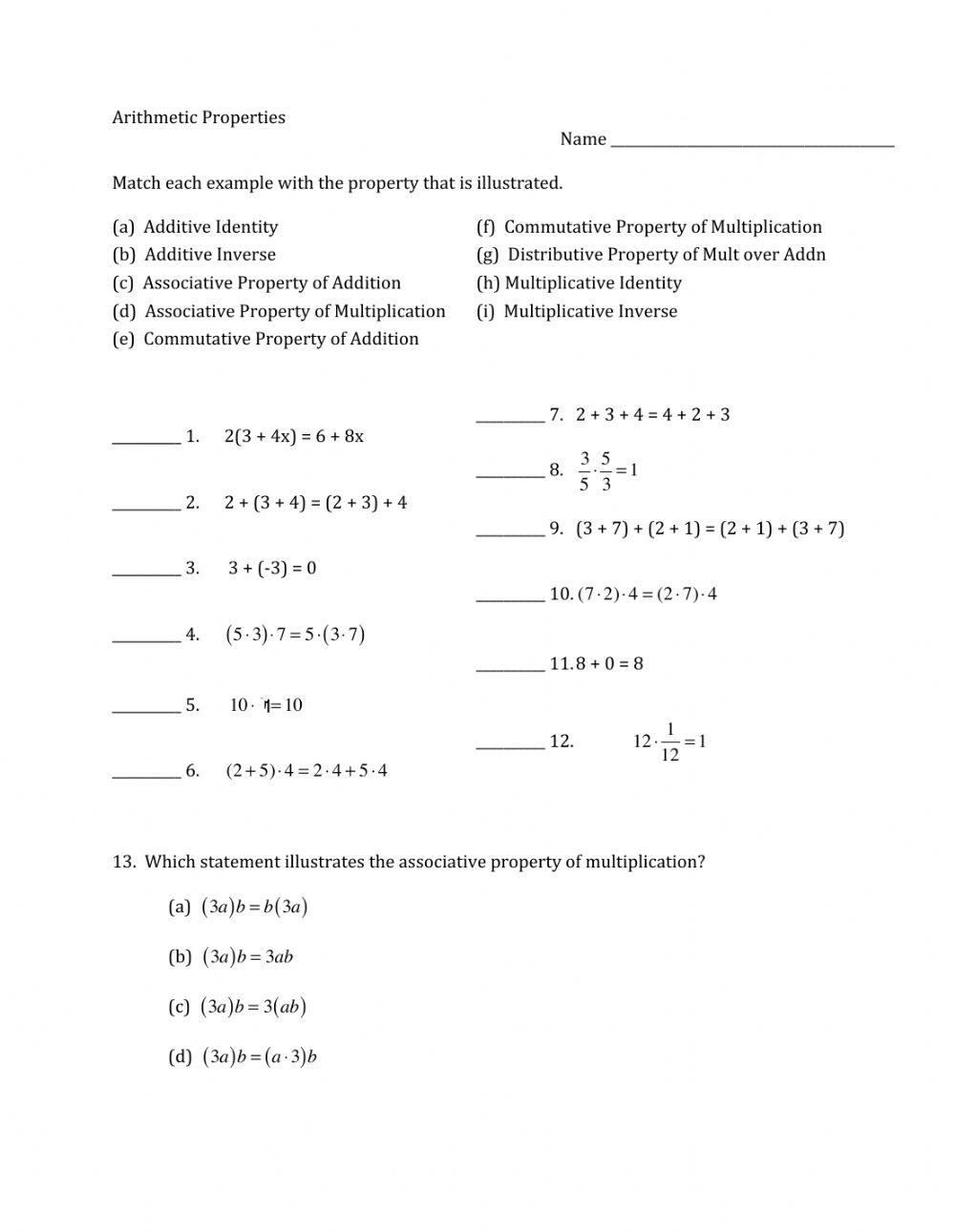Arithmetic Properties worksheet | Live Worksheets
