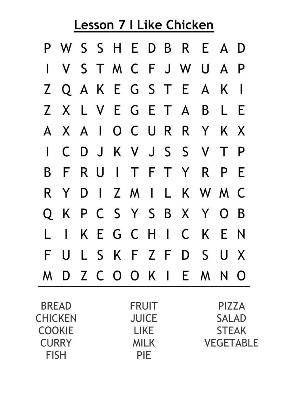 Lesson 7: I Like Chicken Word Search