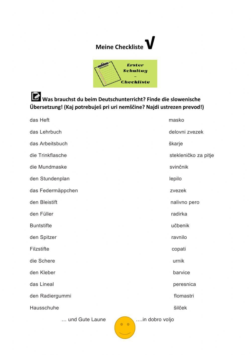 Meine Checkliste - 1. Schultag
