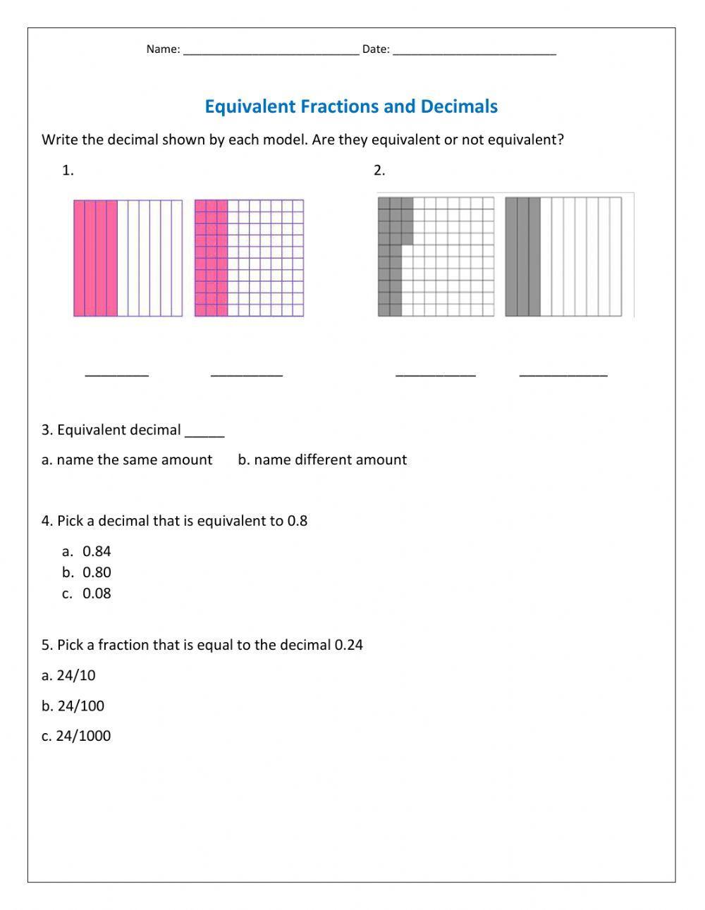 Equivalent Decimals Worksheets