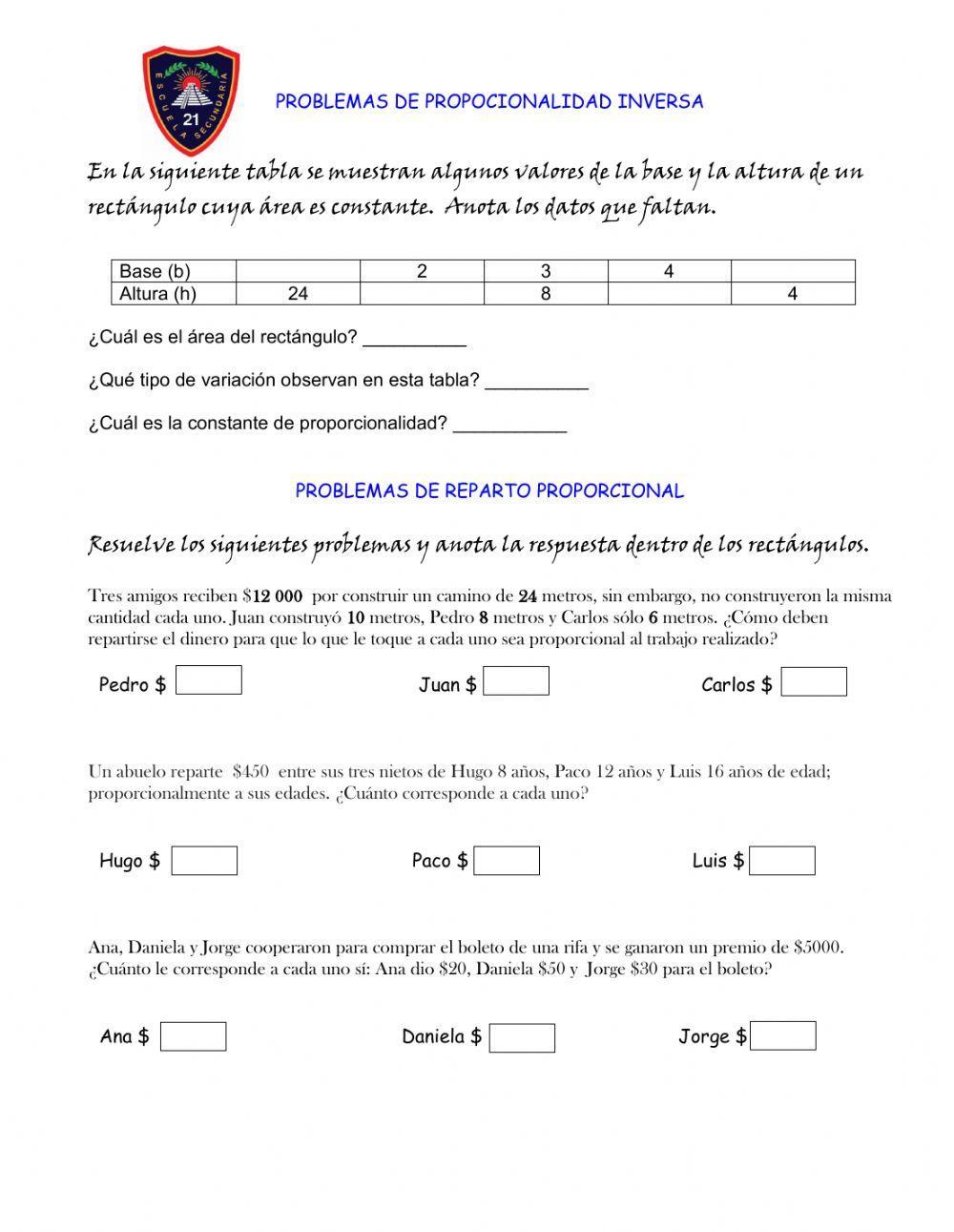 Problemas de proporcionalidad inversa y reparto proporcional