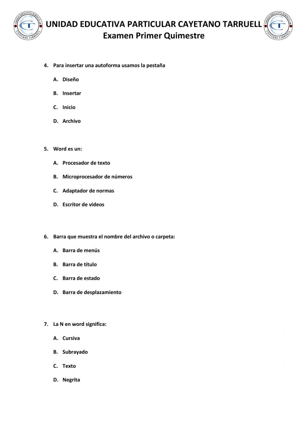 Examen Quimestral Segundo A