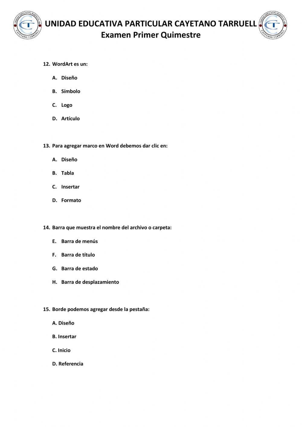 Examen Quimestral Segundo A