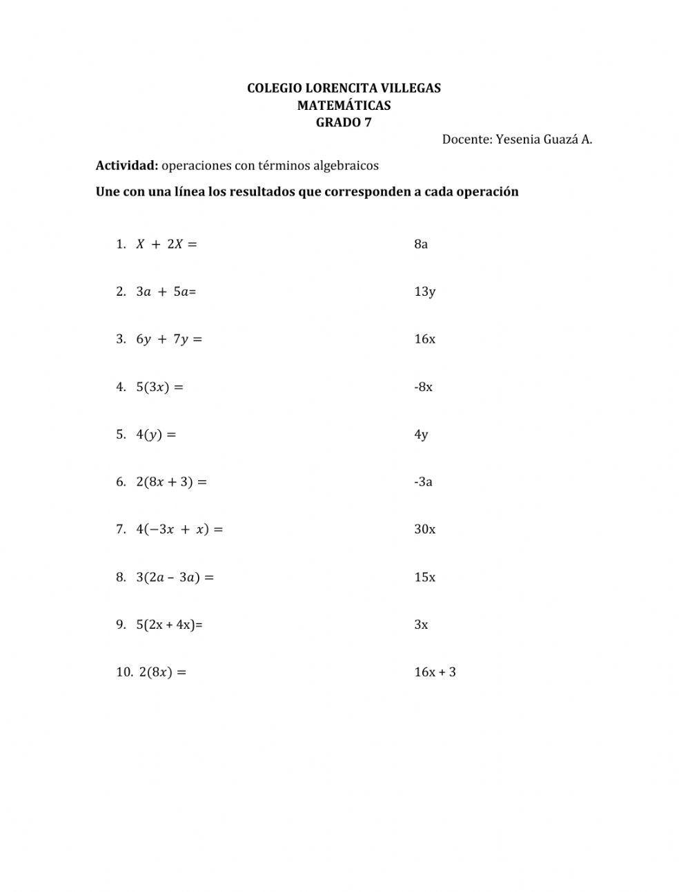 Operaciones con términos algebraicos