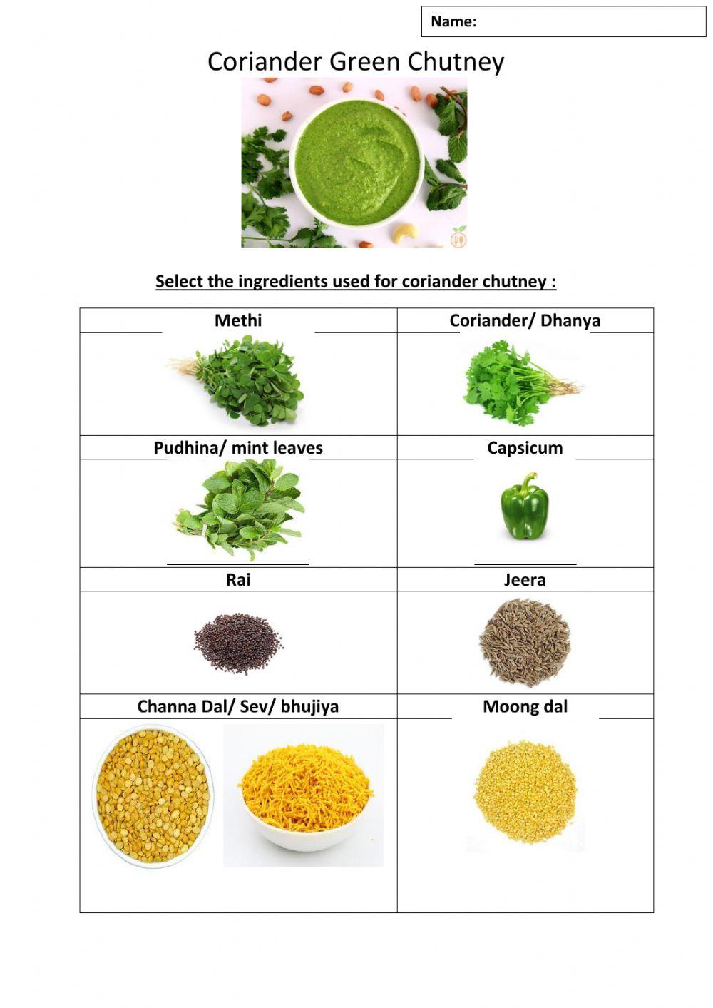 Cooking- Coriander chutney worksheet