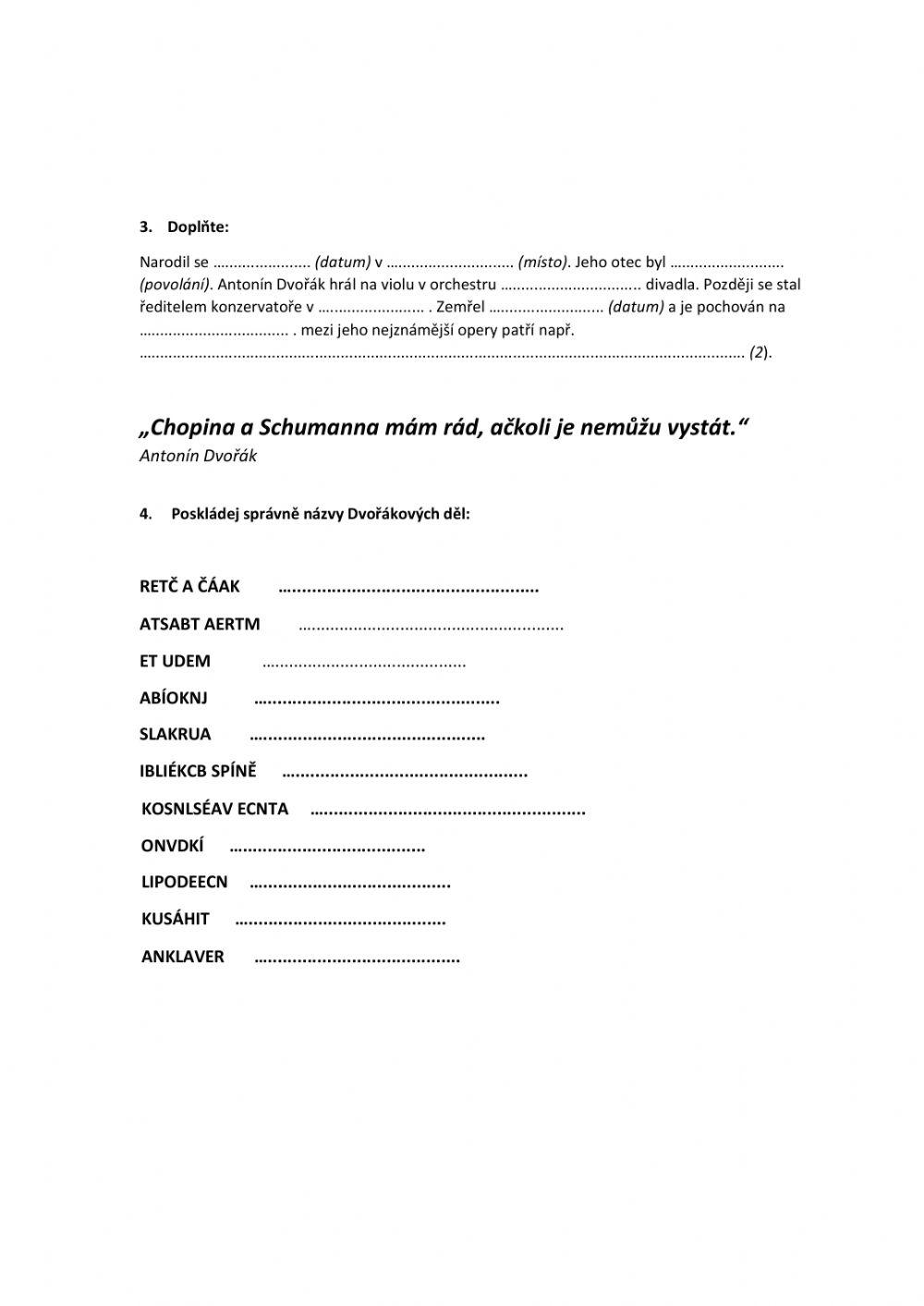 Pracovní list- Smetana a Dvořák